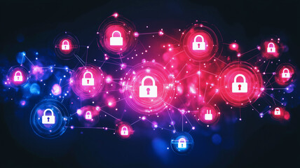 Poster - Cybersecurity Network:  A mesmerizing digital illustration showcasing a network of interconnected nodes, each adorned with a glowing padlock symbol, symbolizing robust security and digital protection.