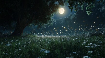 Wall Mural - a magical moonlit clearing with sparkling dew on grass and glowing fireflies.