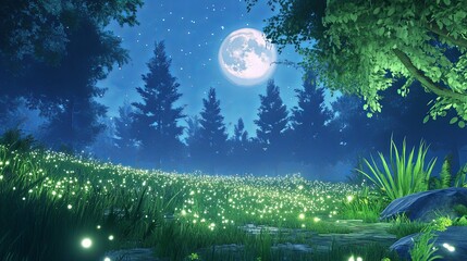 Wall Mural - a magical moonlit clearing with sparkling dew on grass and glowing fireflies.