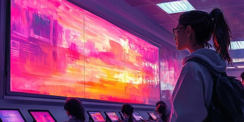 Poster - Digital art display captivates students in vibrant tech classroom during evening hours