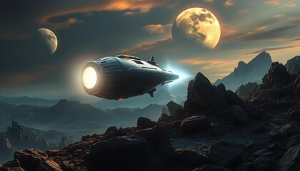 Spaceship Flying Over Alien Planet Landscape
