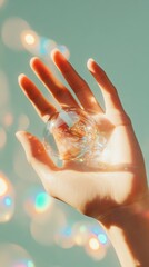 Wall Mural - captivating hand holding a glass bubble with soft reflections against a dreamy pastel background fea