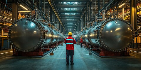 Poster - Worker oversees industrial equipment in a large manufacturing facility during daytime