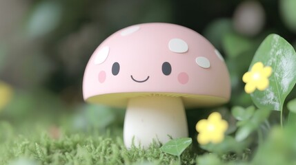 Canvas Print - Cute cartoon mushroom character in a natural setting.