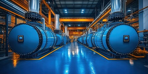 Poster - Industrial facility showcasing large blue machinery in a modern production environment during daylight hours