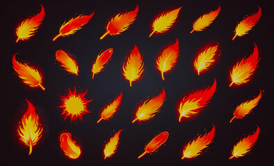 Poster - A collection of fire-like feathers in various sizes and orientations. The feathers are all red and appear to be glowing, giving the impression of flames. Concept of warmth and energy