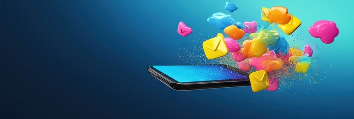Leinwandbilder - Bright chat bubbles stream from a smartphone, creating a vibrant and lively digital atmosphere. Generative AI