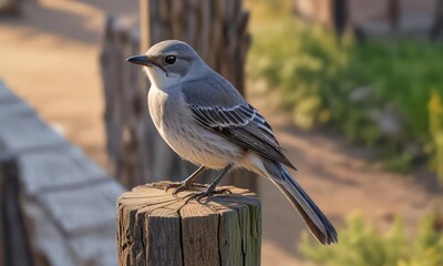 Wall Mural - Aerial view of a Northern Mockingbird perched on a wooden post , wildlife sanctuary, wood post