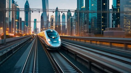 Wall Mural - High Speed Train Navigates Modern City Skyline, Showcasing Urban Architecture, Skyscrapers, and Advanced Transportation Technology in Vibrant Urban Landscape.