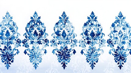 Fototapete - Watercolor Blue Damask Floral Pattern on White Background Elegant Seamless Design for Textile or Wallpaper