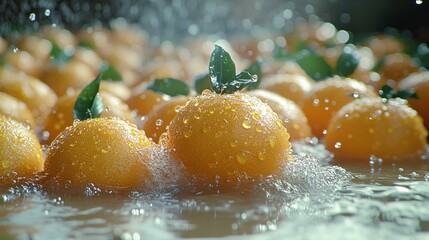 Wall Mural - Fresh oranges washing in water with splashing.