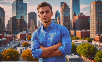 Aufkleber - A man in a blue shirt is standing on a rooftop in a city. He is wearing a tie and has his arms crossed. The city skyline in the background is illuminated by street lights