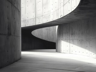 Poster - Abstract Architectural Design with Curved Concrete Walls and Shadows in a Modern Structure, Highlighting Minimalism and Textural Detail in Monochrome Lighting