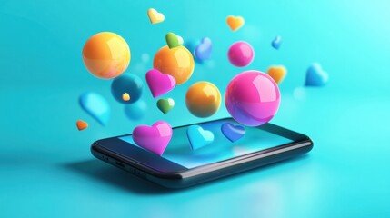 Leinwandbilder - Bright chat bubbles flow out of a smartphone with colorful hearts in a playful digital atmosphere. Generative AI