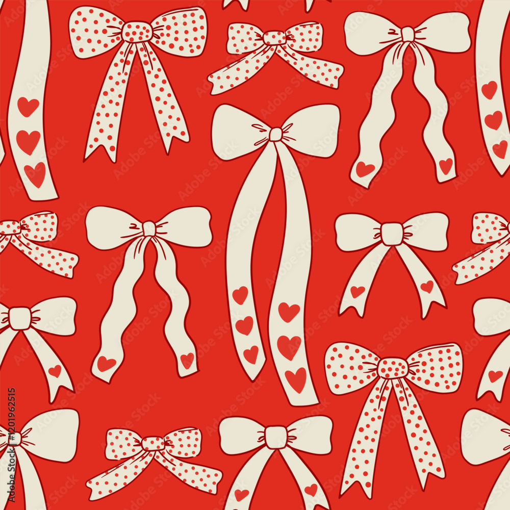 Seamless pattern with various hand drawn bows and hearts. Vector flat ...