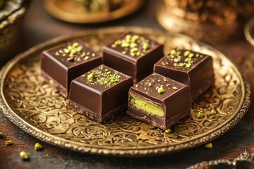 Poster - Delightful cut chocolate pieces filled with pistachio on ornate golden plate adorned with intricate Arabic patterns. Generative AI