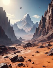 Wall Mural - A spaceship landing on an extraterrestrial planet with a barren, rocky terrain and towering mountains in the distance , mysterious rocks, extraterrestrial life