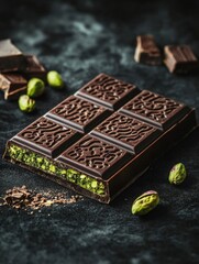 Poster - Indulge in a decadent chocolate treat filled with pistachios on a beautiful golden plate amidst intricate Arabic patterns. Generative AI
