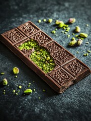 Poster - Delicious chocolate with pistachio filling on a golden plate surrounded by intricate Arabic patterns. Generative AI