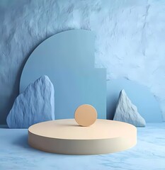 Poster - 3D render of a simple, minimalistic podium or pedestal with a paper cutout, against a blue pastel background with geometric shapes and a round shape.