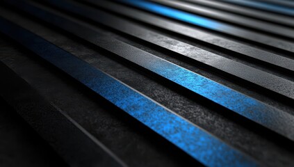 Poster - Abstract close-up of dark metallic stripes with blue highlights creating a striking visual texture ideal for modern design, technology, or industrial backgrounds.