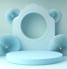 Poster - 3D rendering of a pastel blue empty podium platform with paper fans on a light background for product display presentation. The design features a minimal abstract geometric shape