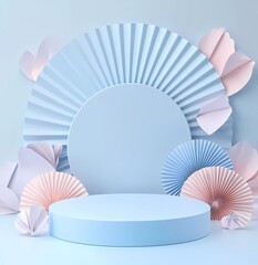 Poster - 3D rendering of a pastel blue empty podium platform with paper fans on a light background for product display presentation. The design features a minimal abstract geometric shape