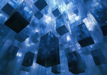 Poster - Abstract composition featuring suspended glass cubes in a serene blue environment, evoking a sense of depth and tranquility through its reflective surfaces and ethereal lighting