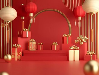 Poster - 3D rendering with a cartoon-style red background and golden decorations, a podium display design, a Chinese New Year atmosphere