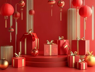 Poster - 3D rendering with a cartoon-style red background and golden decorations, a podium display design, a Chinese New Year atmosphere