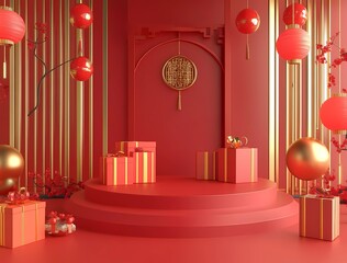 Poster - 3D rendering with a cartoon-style red background and golden decorations, a podium display design, a Chinese New Year atmosphere
