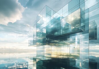 Poster - Abstract Glass Structures under Cloudy Sky with Reflections on Water Surface, Evoking Themes of Modern Architecture and Futuristic Design in Ethereal Landscape