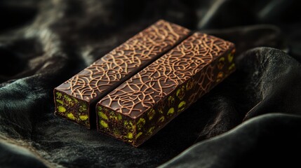 Poster - Indulge in rich chocolate bars filled with pistachio on an ornate plate adorned with Arabic patterns. Generative AI