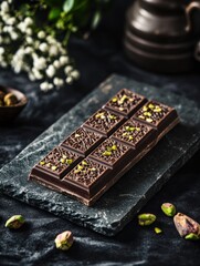 Poster - Cut chocolate with pistachio filling presented on a golden plate surrounded by exquisite Arabic patterns. Generative AI