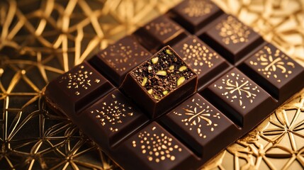 Poster - Indulge in rich chocolate bar featuring delightful pistachio paste filling on a decorative gold surface. Generative AI