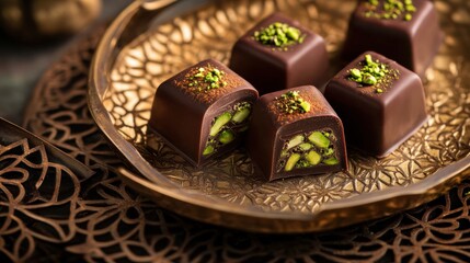 Poster - Delicious chocolate pieces filled with pistachio displayed on a golden plate adorned with intricate Arabic patterns. Generative AI