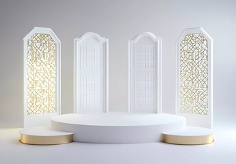 Poster - White background, product display stand with three-dimensional white paper cutouts of screens and doors, surrounded by four round podiums decorated in gold color