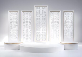 Poster - White background, product display stand with three-dimensional white paper cutouts of screens and doors, surrounded by four round podiums decorated in gold color
