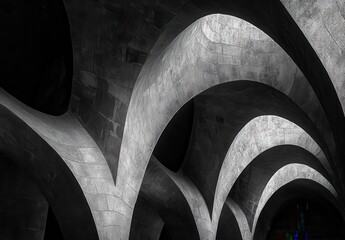 Poster - Architectural Marvel of Arched Structures Showcasing Dynamic Form and Play of Light Against Textured Surface in Monochrome Tone
