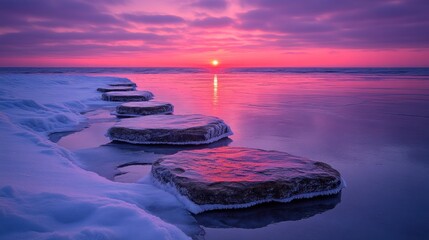 Wall Mural - Frozen stones path to sunset sea.