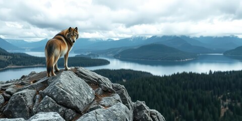 Sticker - A lone wolf standing on a rocky outcropping overlooking a serene lake, green, tranquil