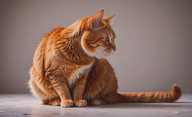 Poster - A cat is sitting on a table with its tail curled up. The cat is orange and white, and it is looking at the camera. The scene is calm and peaceful, with the cat looking relaxed and content