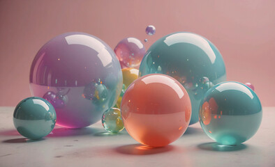 Poster - A collection of colorful glass spheres arranged on a table. The spheres are of different sizes and colors, creating a visually appealing and dynamic display. The arrangement of the spheres suggests a