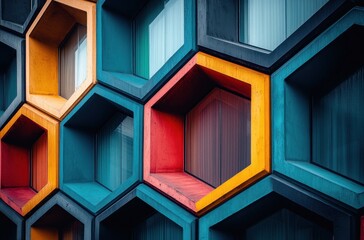 Poster - Colorful hexagonal window design in modern architecture creating a striking visual impact and showcasing vibrant shades of blue, yellow, orange, and red against a textured backdrop