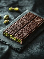 Poster - Delicious cut chocolate with pistachio filling presented elegantly on a golden plate with intricate Arabic patterns. Generative AI