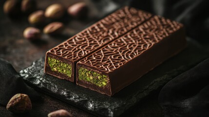 Poster - Indulging in luxurious chocolate with pistachio filling on an ornate golden plate surrounded by intricate Arabic patterns. Generative AI