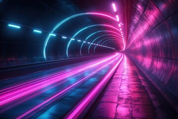 Wall Mural - a futuristic high-speed tunnel with luminous light trails, combining purple and cyan streaks against