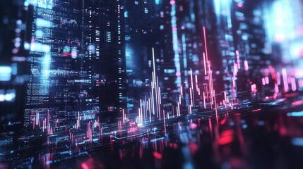 Poster - Futuristic cityscape featuring neon lights against a dark night background with modern architecture