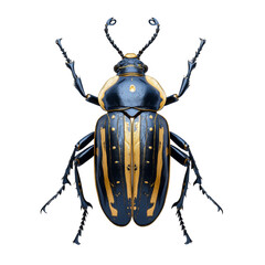 Poster - A high angle close up photograph shows a striking blue and gold beetle specimen against a white background.