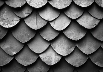 Poster - Detailed Close-Up of Textured Slate Roof Tiles Showing Natural Patterns and Shadows in a Monochrome Color Palette for Architectural and Design Concepts